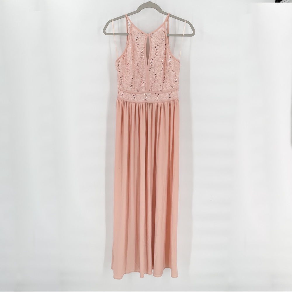 Morgan & Co Halter Peach Prom Dress With Metallic Embroidery and Sequins Size 4